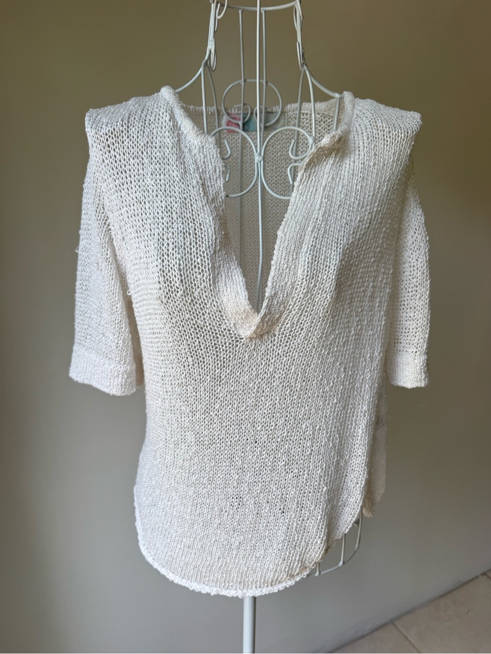 FP Beach Open Knit Hooded Pullover Sweater Cream Boho Beach Cover Up M